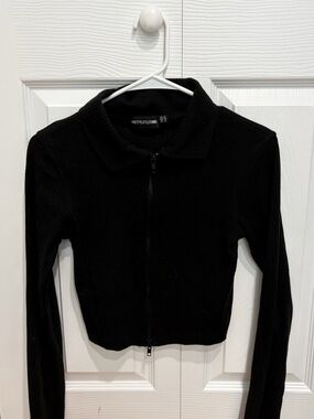PrettyLittleThing Black Ribbed Zip-Up Collared Jacket